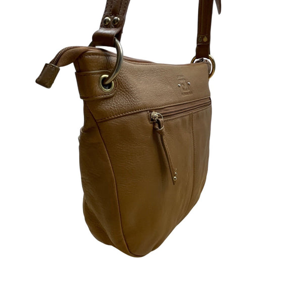 Stone Mountain Brown Leather Gold-Tone Accents Multi-Pockets Crossbody Bag Sz M