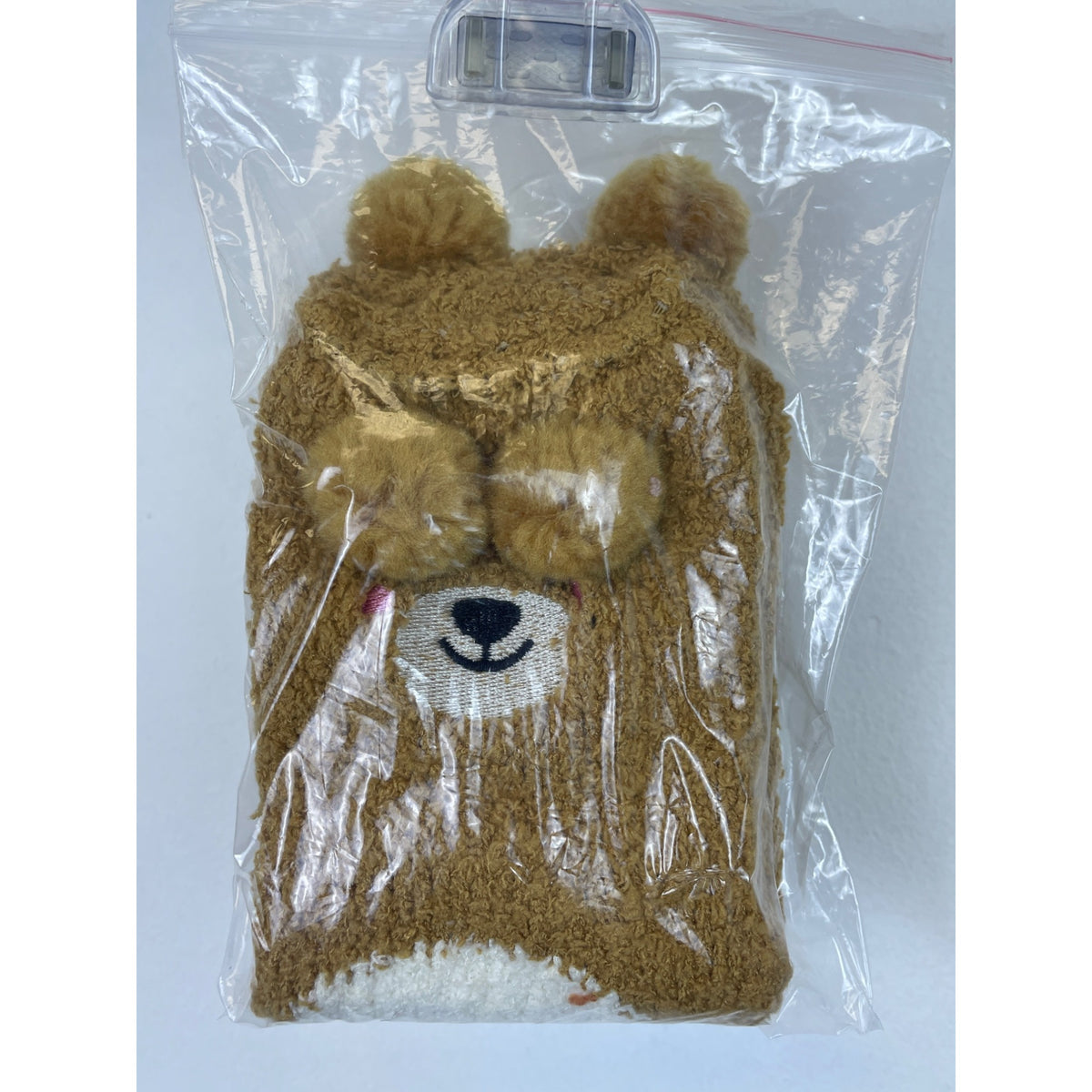 Brown Bear Face Furry Knit Beanie Hat Kids Warm & Cozy Winter Accessory