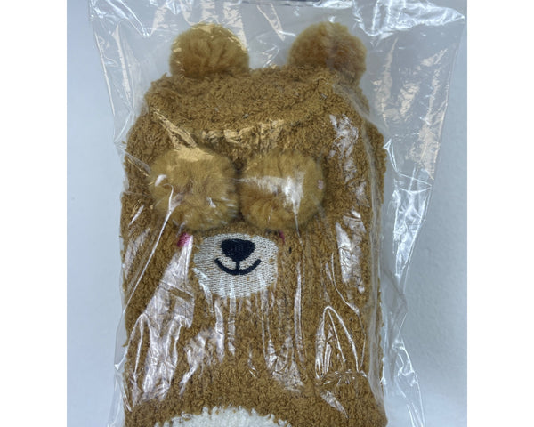 Brown Bear Face Furry Knit Beanie Hat Kids Warm & Cozy Winter Accessory
