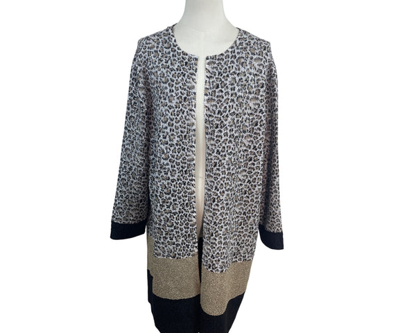 Chicos Travelers Collection Long Open-Front Leopard Print Cardigan Size 2 - New