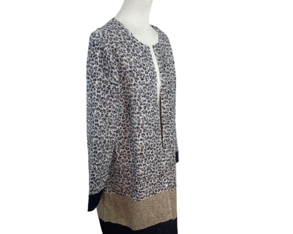 Chicos Travelers Collection Long Open-Front Leopard Print Cardigan Size 2 - New
