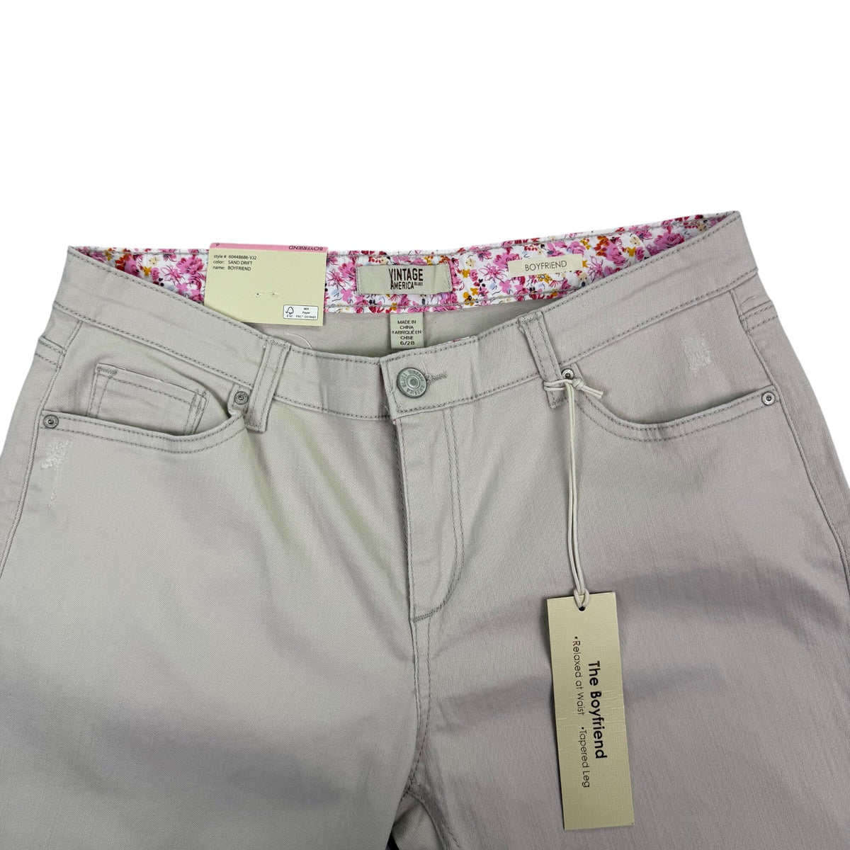 Vintage America Womens Sand Cotton/Spandex Boyfriend Pants Casual Fit Size 6/28