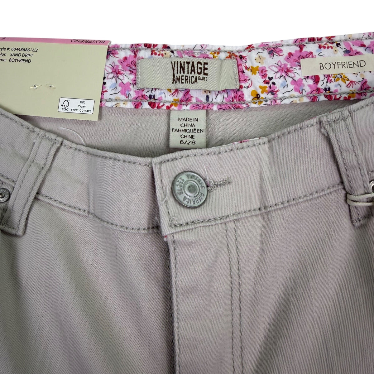 Vintage America Womens Sand Cotton/Spandex Boyfriend Pants Casual Fit Size 6/28