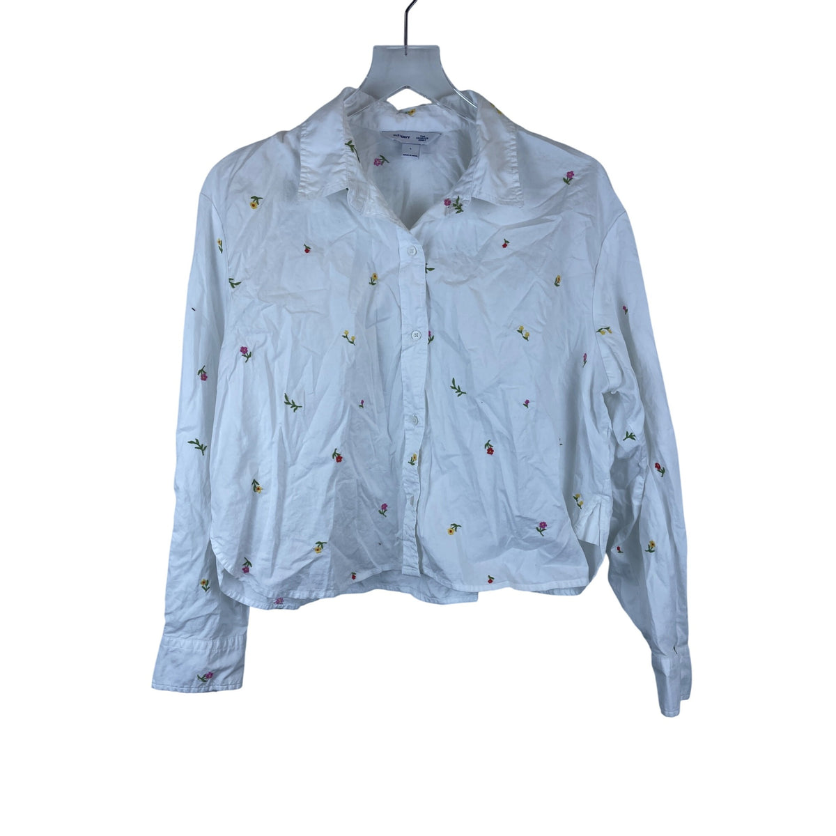 Old Navy Womens White Cotton Embroidered Floral Cropped Button-Up Shirt Size L