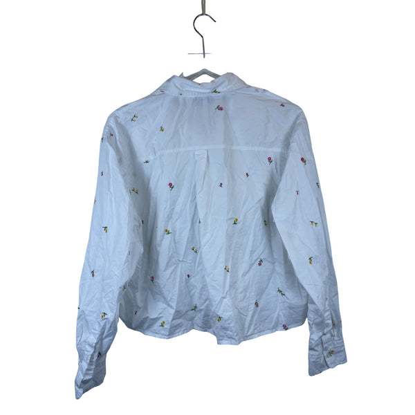 Old Navy Womens White Cotton Embroidered Floral Cropped Button-Up Shirt Size L