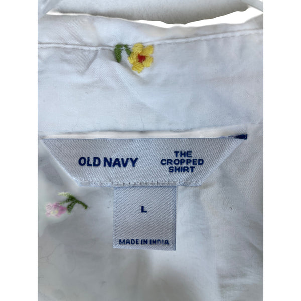 Old Navy Womens White Cotton Embroidered Floral Cropped Button-Up Shirt Size L