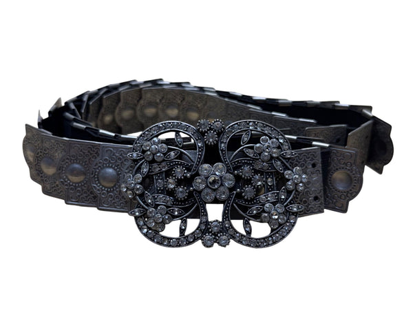 1980s Armenian Black & Silver Belt Metal Embellished Elastic Adjustable