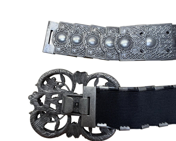 1980s Armenian Black & Silver Belt Metal Embellished Elastic Adjustable