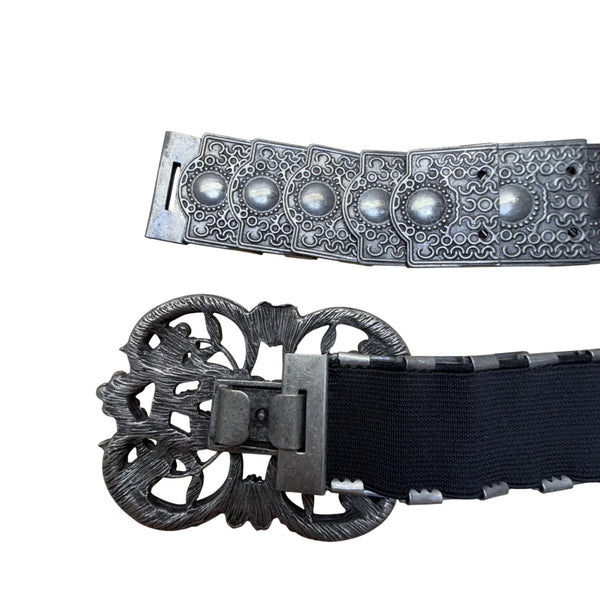 1980s Armenian Black & Silver Belt Metal Embellished Elastic Adjustable