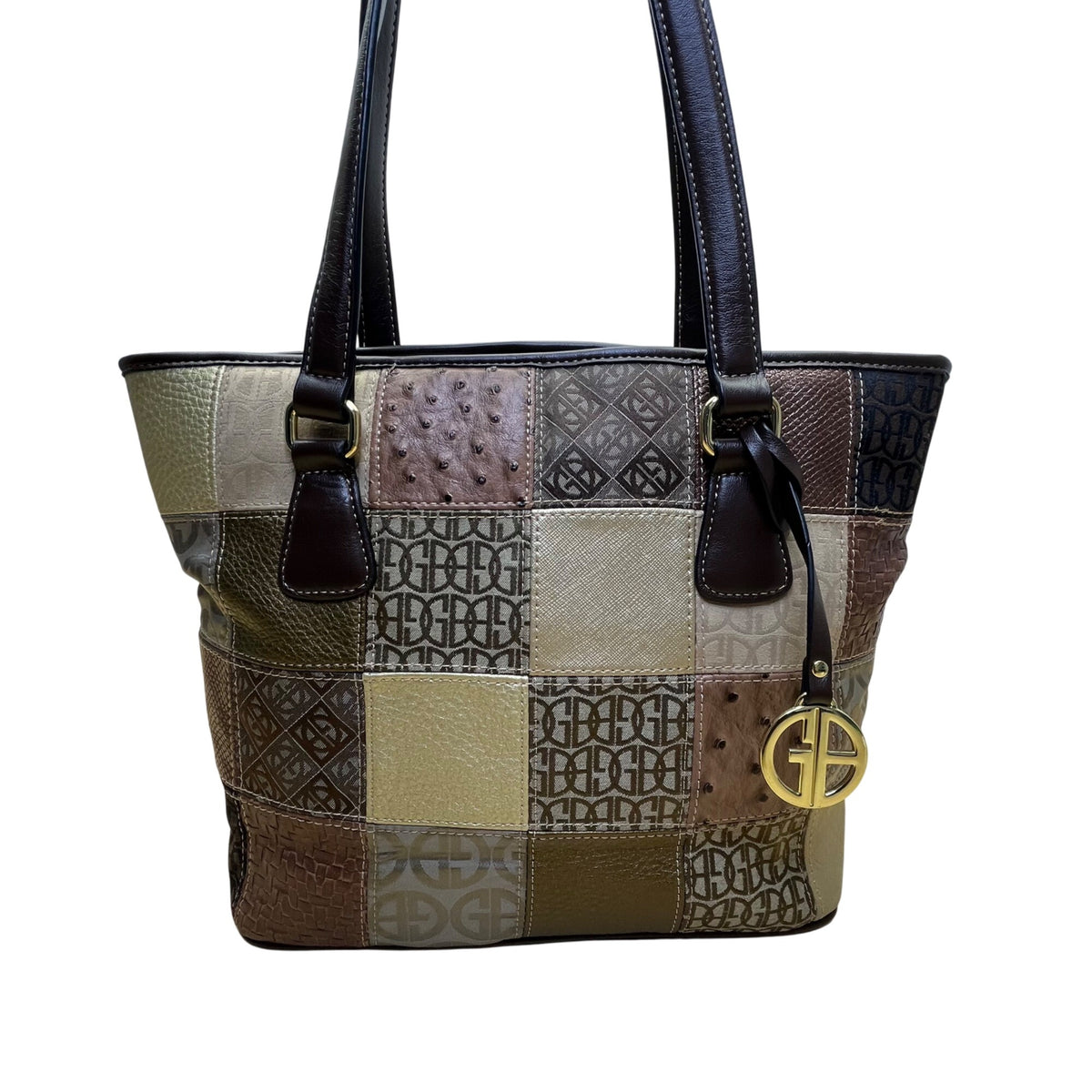 Giani Bernini Womens Brown Multi-Material Patchwork Double Straps Tote Bag
