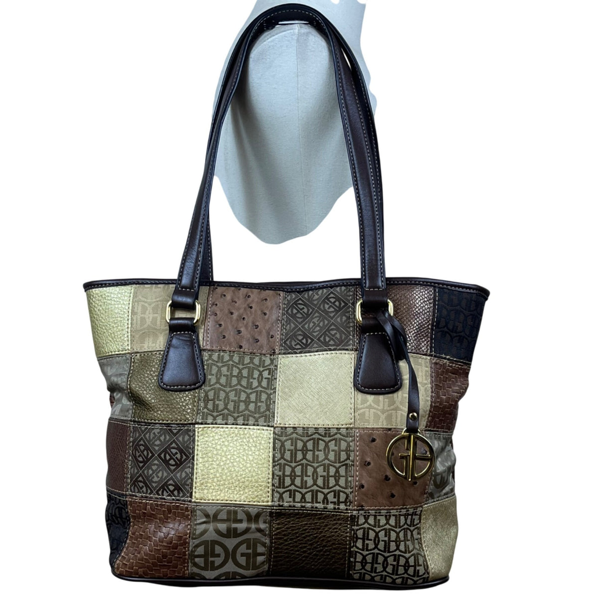 Giani Bernini Womens Brown Multi-Material Patchwork Double Straps Tote Bag