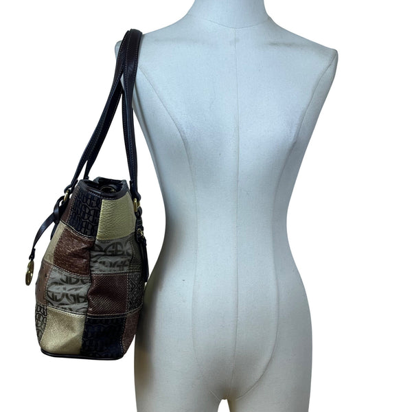 Giani Bernini Womens Brown Multi-Material Patchwork Double Straps Tote Bag