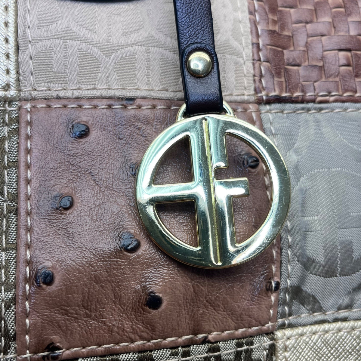 Giani Bernini Womens Brown Multi-Material Patchwork Double Straps Tote Bag