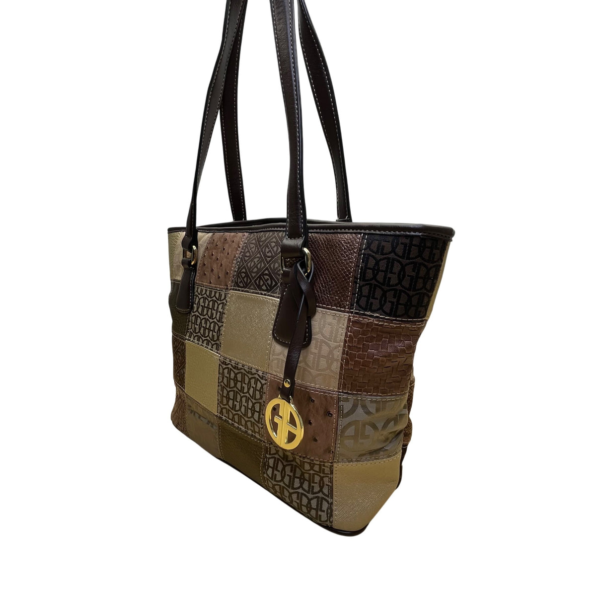Giani Bernini Womens Brown Multi-Material Patchwork Double Straps Tote Bag