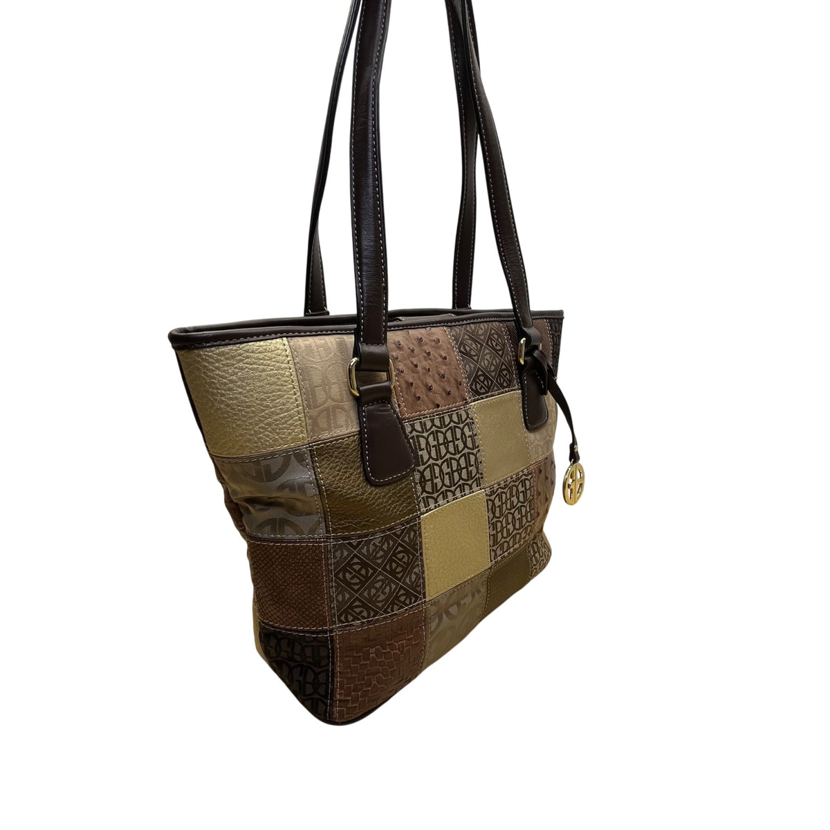 Giani Bernini Womens Brown Multi-Material Patchwork Double Straps Tote Bag