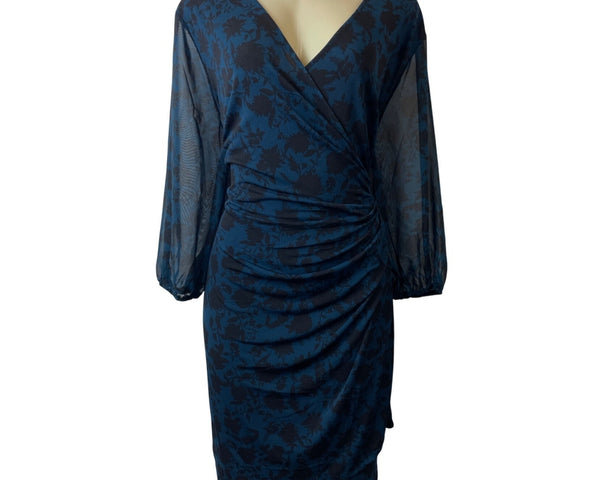INC International Concepts Blue Clean Floral Sheer Sleeves Womens Dress Sz 2X