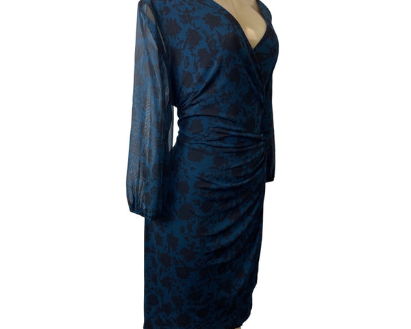 INC International Concepts Blue Clean Floral Sheer Sleeves Womens Dress Sz 2X
