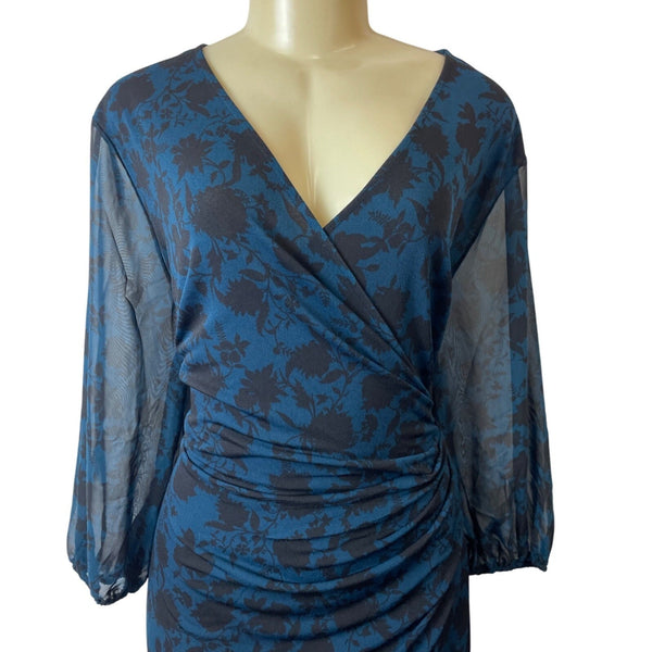 INC International Concepts Blue Clean Floral Sheer Sleeves Womens Dress Sz 2X