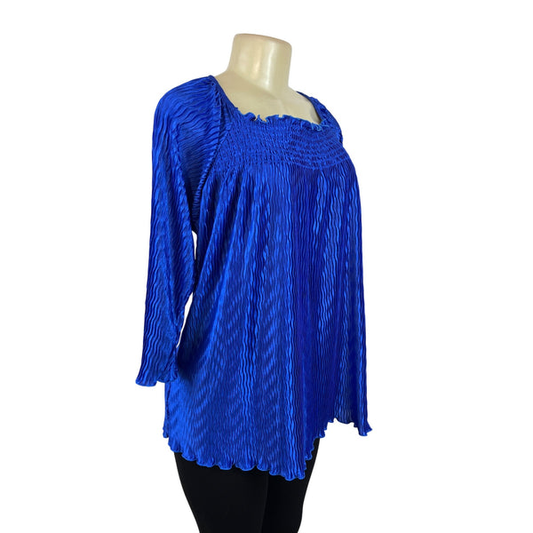 Magic It Fits Womens Blue Pleated 3/4 Sleeve Blouse