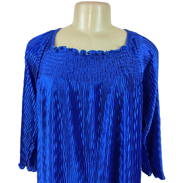 Magic It Fits Womens Blue Pleated 3/4 Sleeve Blouse