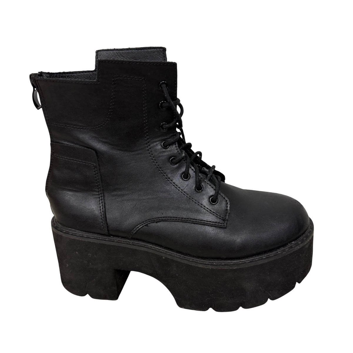 Black Platform Combat Boots Womens Lace-Up Leather Chunky Heels Ankle Size 7.5