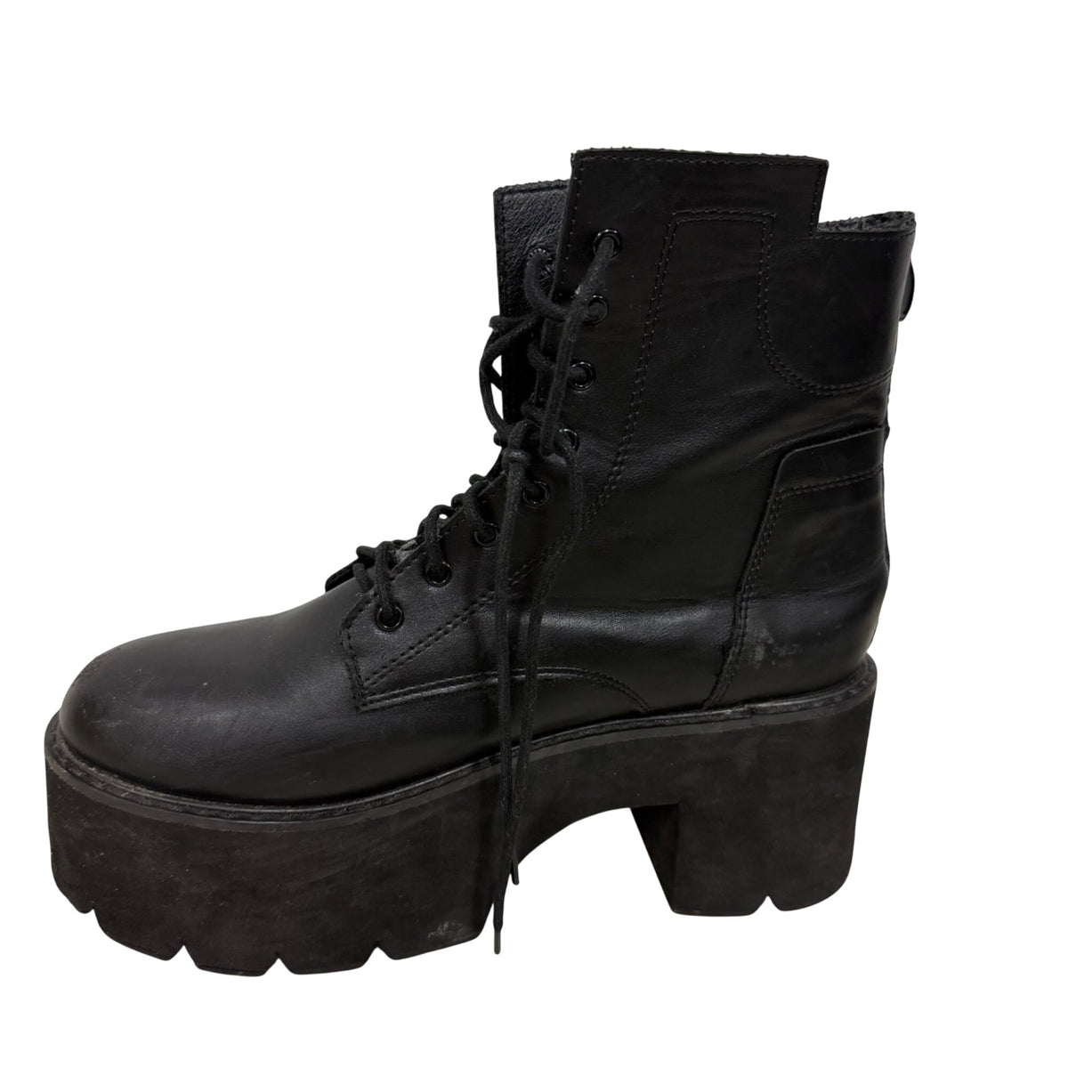 Black Platform Combat Boots Womens Lace-Up Leather Chunky Heels Ankle Size 7.5