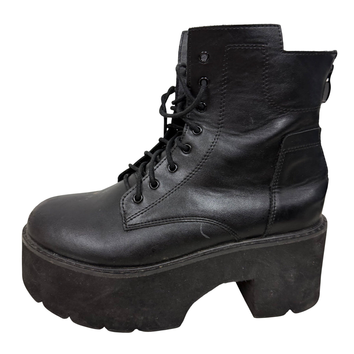 Black Platform Combat Boots Womens Lace-Up Leather Chunky Heels Ankle Size 7.5