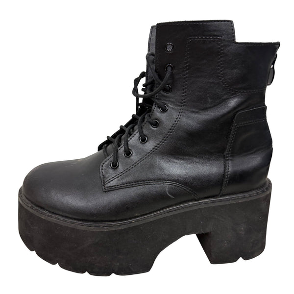 Black Platform Combat Boots Womens Lace-Up Leather Chunky Heels Ankle Size 7.5