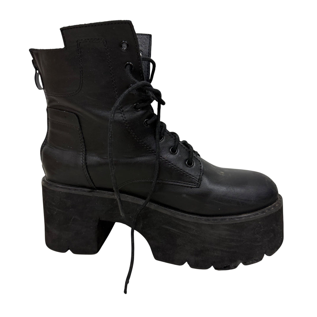 Black Platform Combat Boots Womens Lace-Up Leather Chunky Heels Ankle Size 7.5