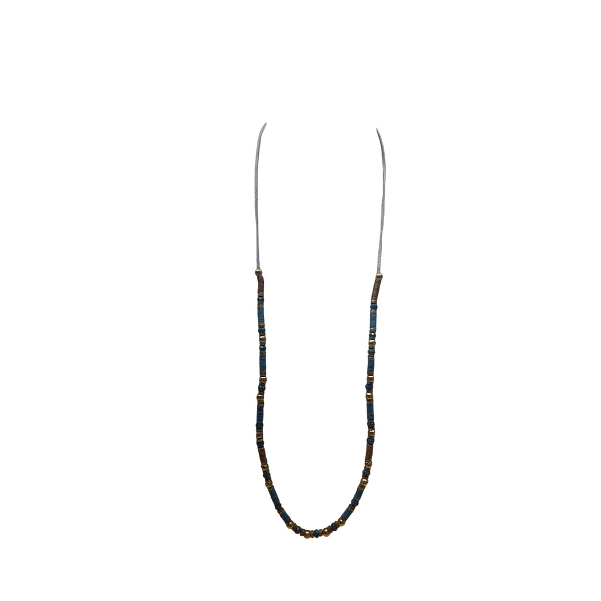 Beaded Necklace With Blue & Brown Glass Beads On Adjustable Gray Cord For Women