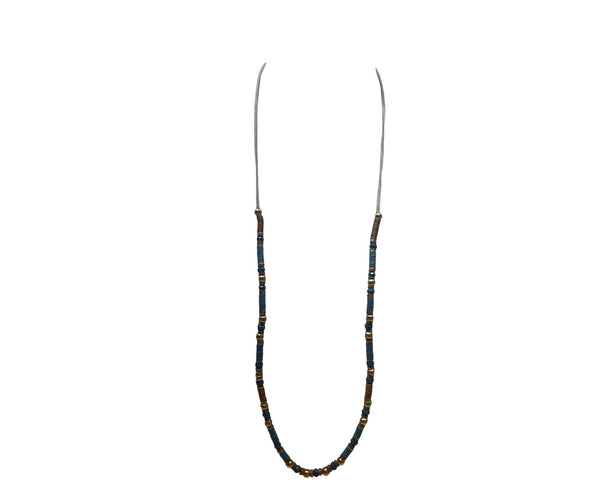 Beaded Necklace With Blue & Brown Glass Beads On Adjustable Gray Cord For Women