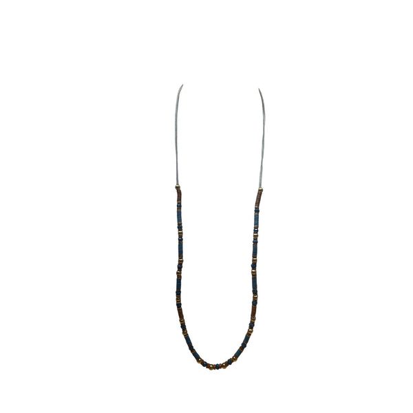 Beaded Necklace With Blue & Brown Glass Beads On Adjustable Gray Cord For Women