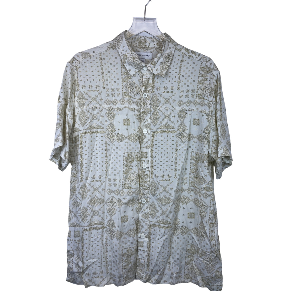 Free Assembly Mens Beige Button-Up Collared Short Sleeve Geometric Print Shirt Size L