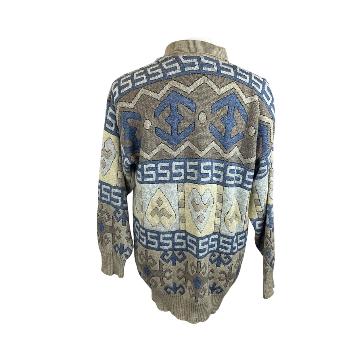 Örsün Mens Beige Blue Lambswool Sweater Collared Aztec Pattern Long Sleeve