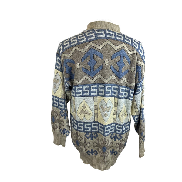 Örsün Mens Beige Blue Lambswool Sweater Collared Aztec Pattern Long Sleeve
