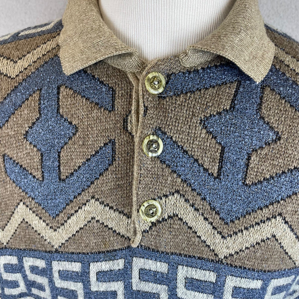Örsün Mens Beige Blue Lambswool Sweater Collared Aztec Pattern Long Sleeve