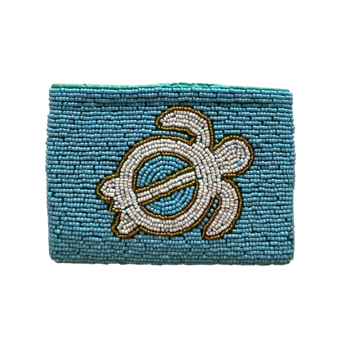 Handmade Beaded Turtle Coin Purse Blue & White Zipper Closure Coin Pouch Sz S