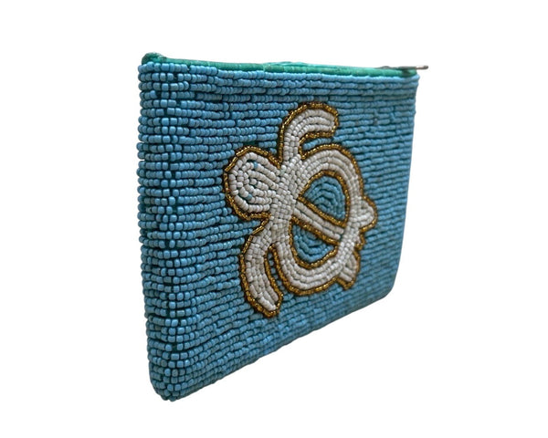 Handmade Beaded Turtle Coin Purse Blue & White Zipper Closure Coin Pouch Sz S