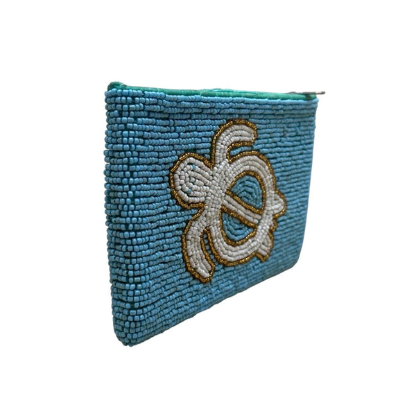 Handmade Beaded Turtle Coin Purse Blue & White Zipper Closure Coin Pouch Sz S