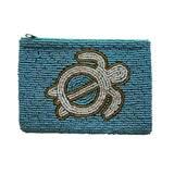 Handmade Beaded Turtle Coin Purse Blue & White Zipper Closure Coin Pouch Sz S