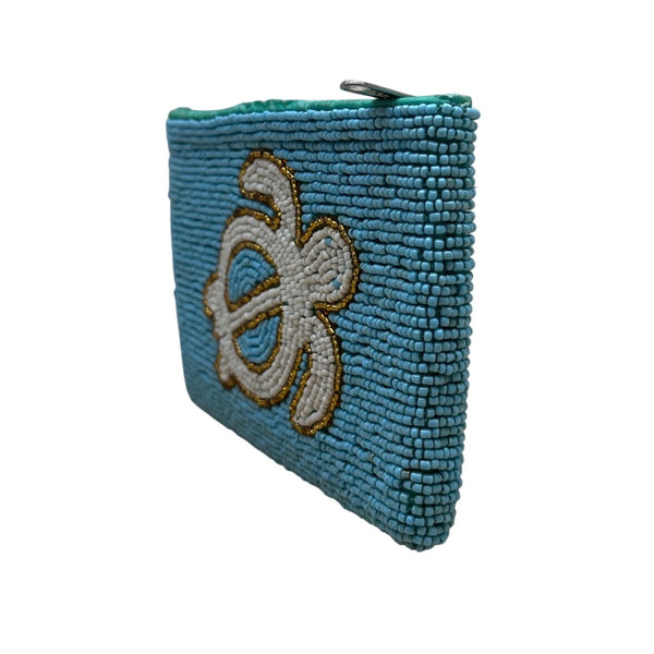 Handmade Beaded Turtle Coin Purse Blue & White Zipper Closure Coin Pouch Sz S