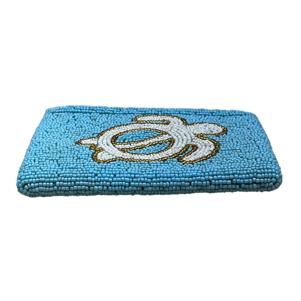 Handmade Beaded Turtle Coin Purse Blue & White Zipper Closure Coin Pouch Sz S