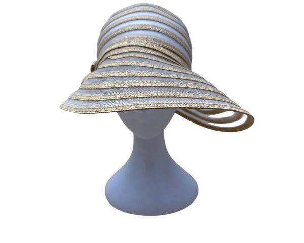 Cruise Club Striped Beige White Womens Sun Hat Wide Brim & Wooden Bead Accent