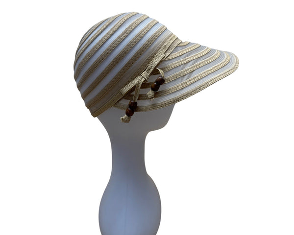 Cruise Club Striped Beige White Womens Sun Hat Wide Brim & Wooden Bead Accent