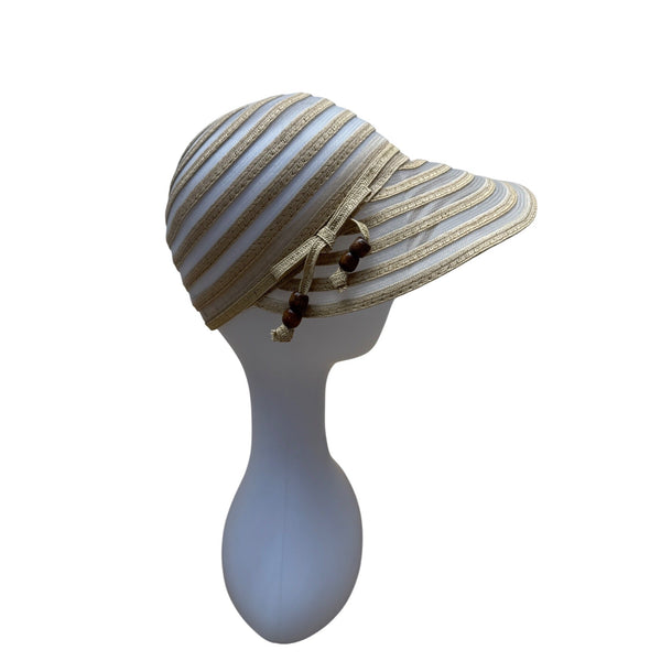 Cruise Club Striped Beige White Womens Sun Hat Wide Brim & Wooden Bead Accent