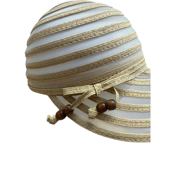 Cruise Club Striped Beige White Womens Sun Hat Wide Brim & Wooden Bead Accent
