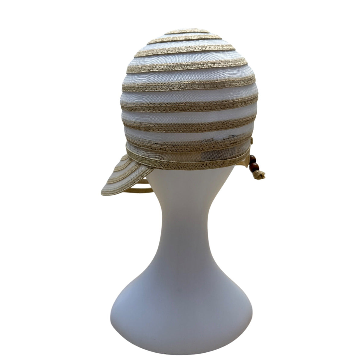 Cruise Club Striped Beige White Womens Sun Hat Wide Brim & Wooden Bead Accent