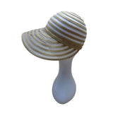 Cruise Club Striped Beige White Womens Sun Hat Wide Brim & Wooden Bead Accent