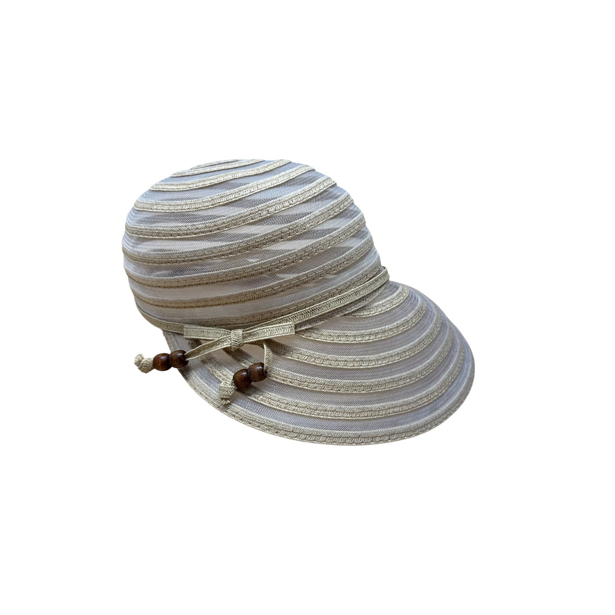 Cruise Club Striped Beige White Womens Sun Hat Wide Brim & Wooden Bead Accent