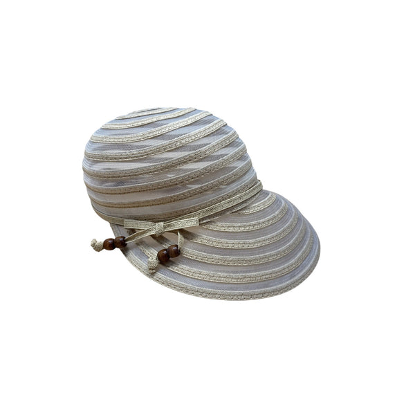 Cruise Club Striped Beige White Womens Sun Hat Wide Brim & Wooden Bead Accent